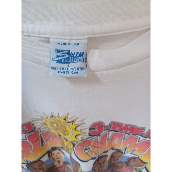 VINTAGE 1993 CHICAGO BULLS SALEM 3-PEAT NBA WORK CHAMPS CARICATURE T-SHIRT LARGE - Picture 10 of 14